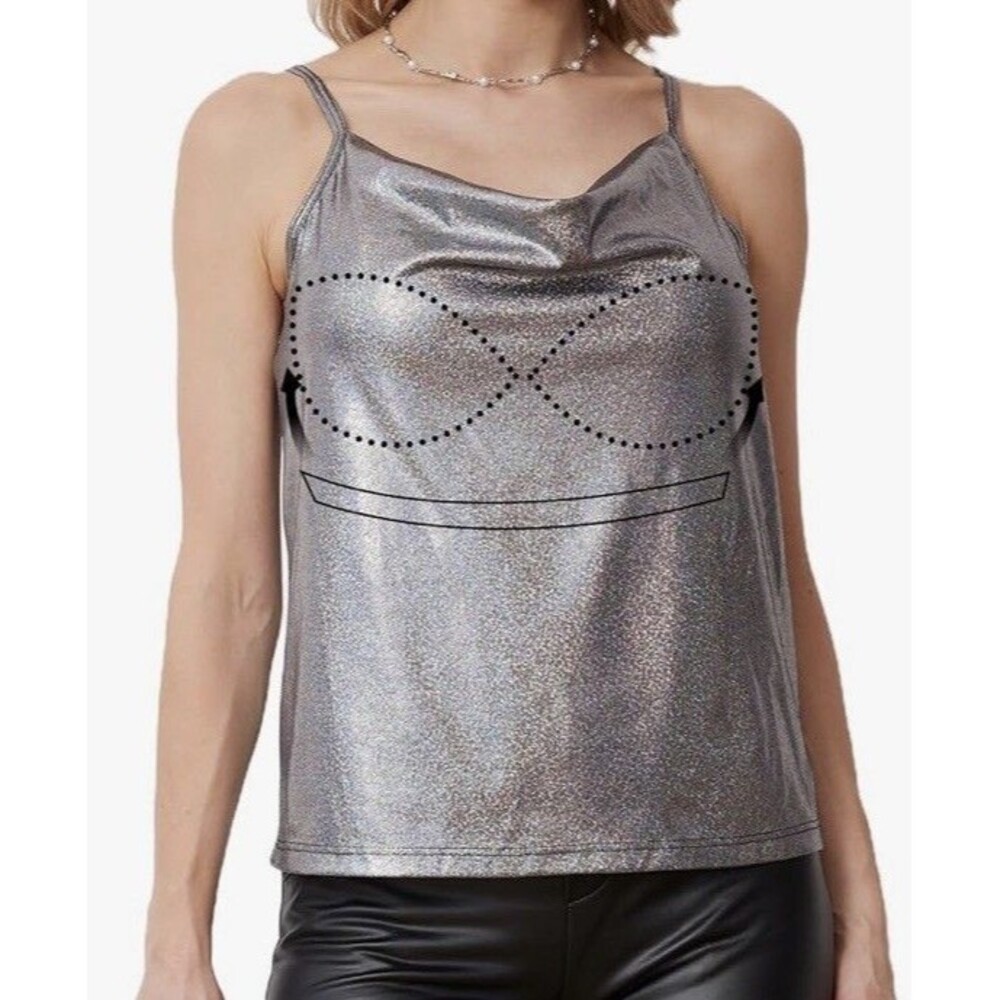 Women’s Metallic Camisole Tank Top Built In Bra Blouse Tee Shirt Silver Medium